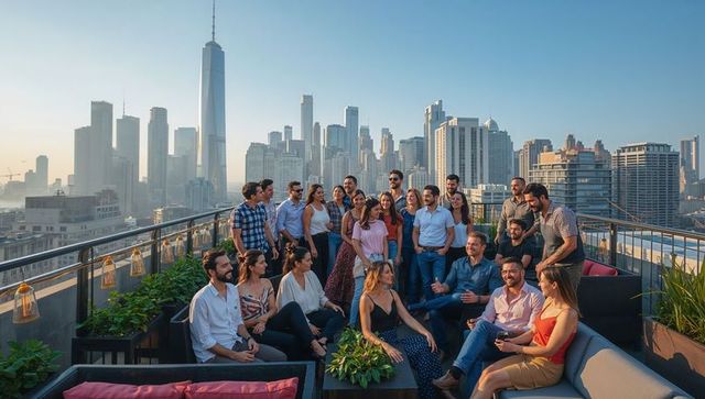 Rooftop cocktail party with friends and coworkers overlooking modern city skyline at sunset