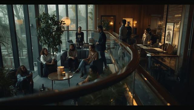 Candid networking gathering in modern mezzanine lounge with candlelit warm ambiance