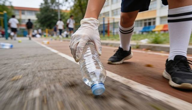 Student picking up plastic bottle on school track during volunteer cleanup campaign