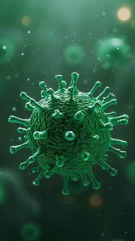 Vertical microscopic video of rotating virus particle zooming toward viewer with spikes