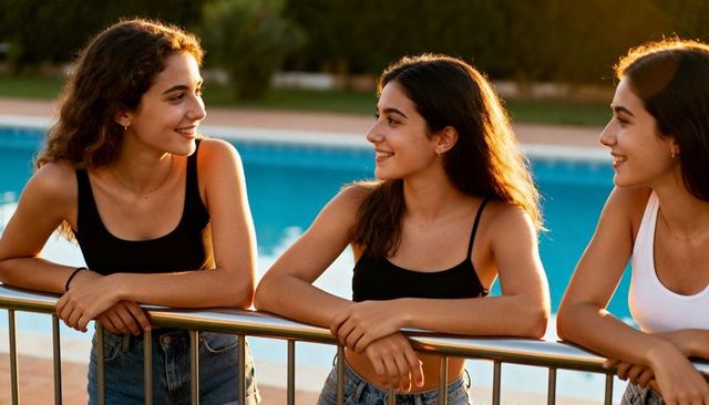 Three teen friends leaning on pool rail smiling and chatting at golden hour