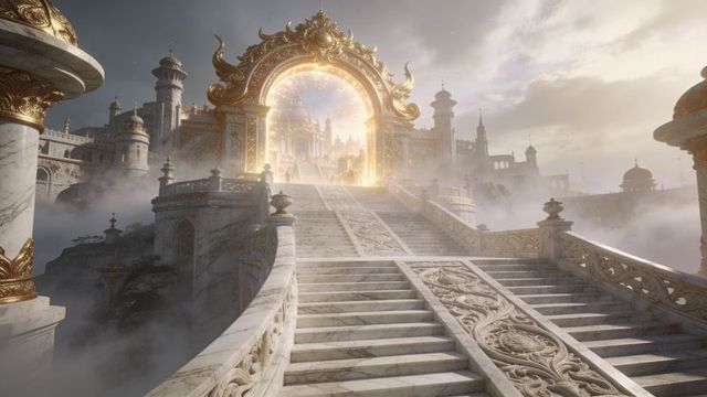 Ornate golden portal and marble staircase leading to mist-shrouded fantasy palace