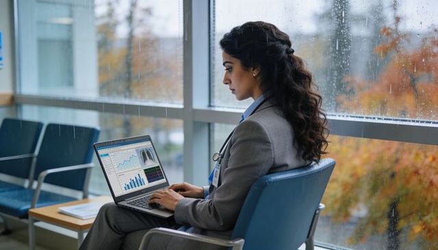 Doctor analyzing patient charts and chest x-ray on laptop by rainy hospital window