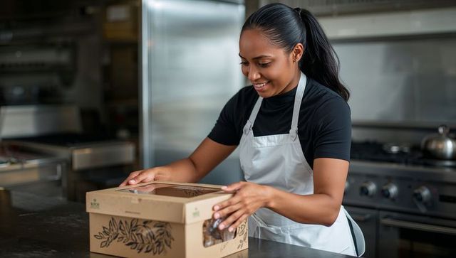 Baker packaging pastries in leaf-printed windowed cardboard box on stainless prep counter