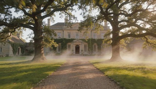 Framing georgian manor with gravel drive, oak trees, morning mist and ivy facade