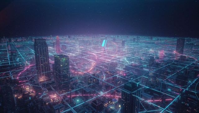 Neon Cyber Grid Covering Illuminated Futuristic Cityscape
