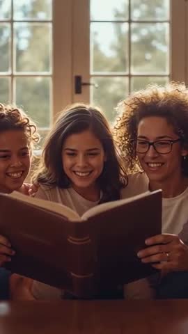 Vertical family bonding video: parent and two teens reading on sofa in warm natural light
