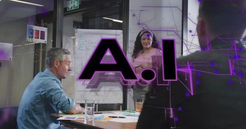 Presenting ai strategy leading team brainstorming in boardroom with purple tech overlay
