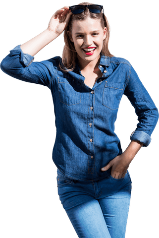 Transparent Smiling Woman Wearing Denim Outfit Holding Sunglasses