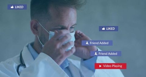 Doctor adjusting face mask with augmented social media ui overlays representing digital distraction