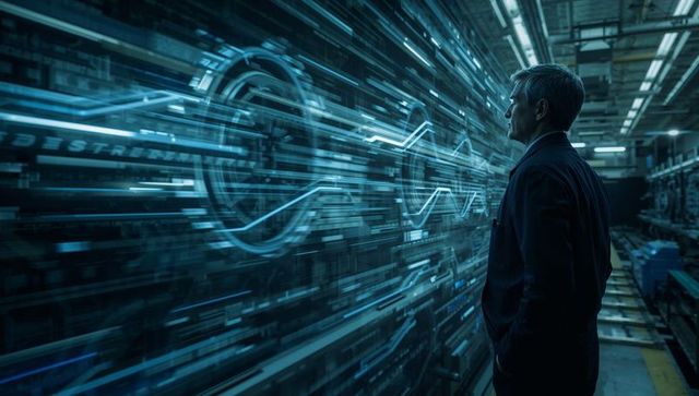 Engineer Observing Holographic Data Wall in Industrial Plant for Smart Factory Control