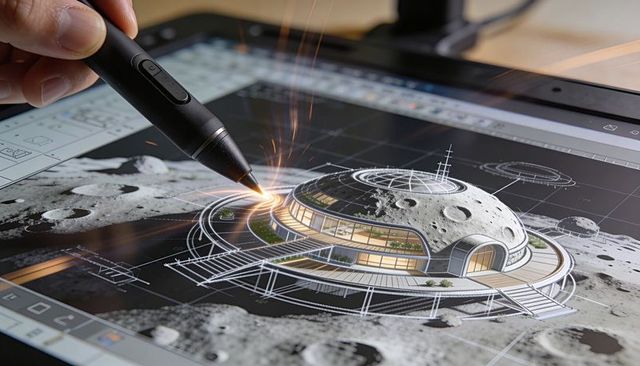 Stylus sketching futuristic lunar habitat on pen display for architectural space concept