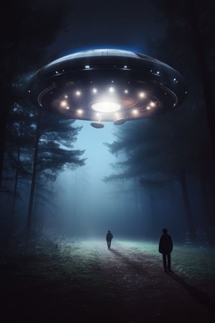 A mysterious UFO is hovering over a secluded forest pathway at night, emitting bright lights. Two silhouetted figures are shown walking on the path. This atmospheric scene is ideal for use in sci-fi themed projects, movie posters, and speculative fiction narratives.