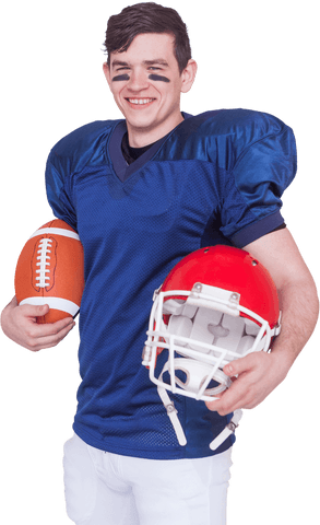 A young American football player is standing in full uniform, holding a football and a helmet, while smiling confidently. The transparent background makes this ideal for sports-related marketing materials, team posters, or showcasing young athletic talent.