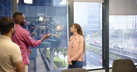 Business strategy presentation on digital whiteboard in modern office