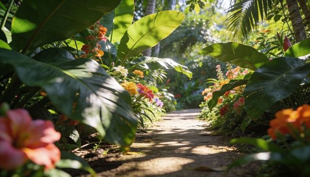 Winding sunlit tropical garden path meandering through lush foliage and vibrant blooms