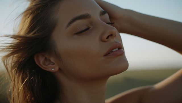 Serene woman closing eyes during golden hour windblown hair closeup beauty portrait