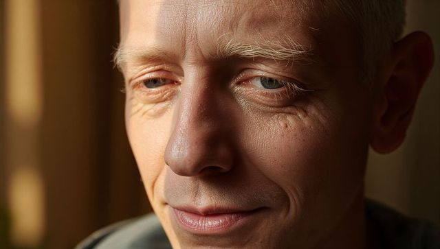 Sunlit senior man smiling and squinting in warm window light close-up, serene expression