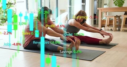 Women stretching on yoga mats at home with financial charts overlay for wellness finance