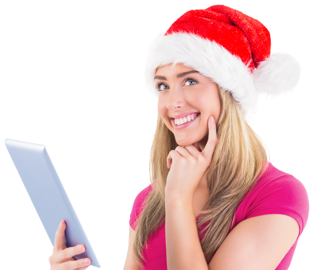 Festive Woman Wearing Santa Hat Smiling and Using Tablet with Transparent Background - Download Free Stock Videos Pikwizard.com