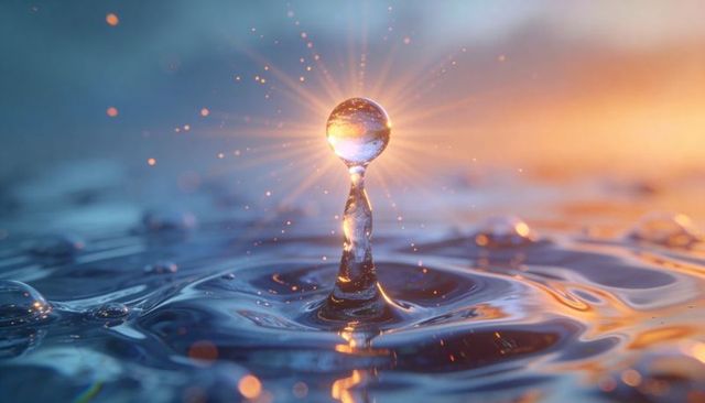 Sunlit water droplet balancing on liquid column with radiant starburst and bokeh glow