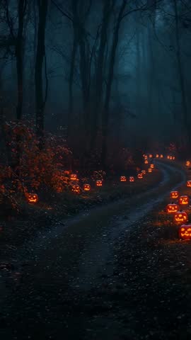 Gliding Through Moonlit Forest Path Lined With Jack-o'-Lanterns Vertical Halloween Atmosphere Video