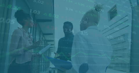 African American Team Discussing Financial Reports with Data Overlay