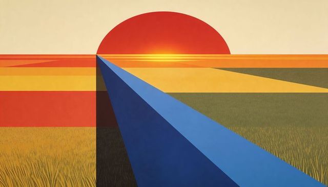 Retro geometric sunset with two-toned blue prism road across minimalist fields