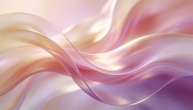 Flowing iridescent ribbons creating pearlescent silk waves pastel gradient abstract