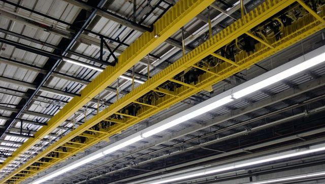 Yellow overhead crane rail running across industrial ceiling with linear led lighting