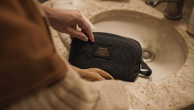 Person opening black toiletry pouch on marble vanity with karine label and neutral tones