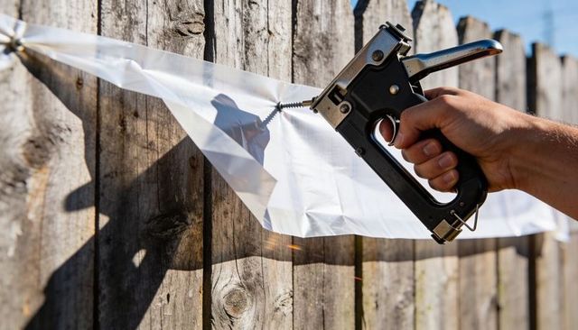 Hand using staple gun fastening plastic sheeting to wooden fence with sparks in sunny backyard