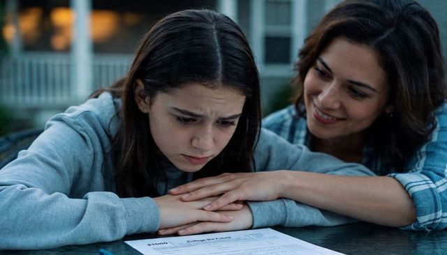 Mother comforting anxious teen while reviewing college application form on porch at dusk