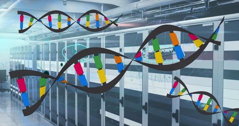 Digital DNA Overlay on High-Tech Server Room