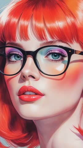 Vertical close-up video showing red-haired woman wearing glasses and vivid makeup