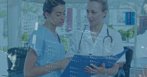 Healthcare professionals collaborating with digital technology interface