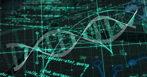 Futuristic DNA Helix with Code Overlay in Digital Style