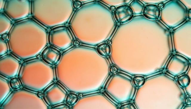 Macro foam bubbles showing teal-green edges and honeycomb cell network