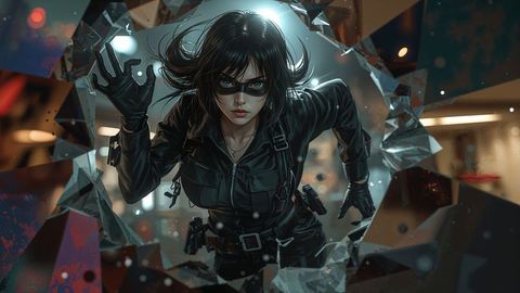 Dynamic Tactical Operative Breaking Through Shattered Glass