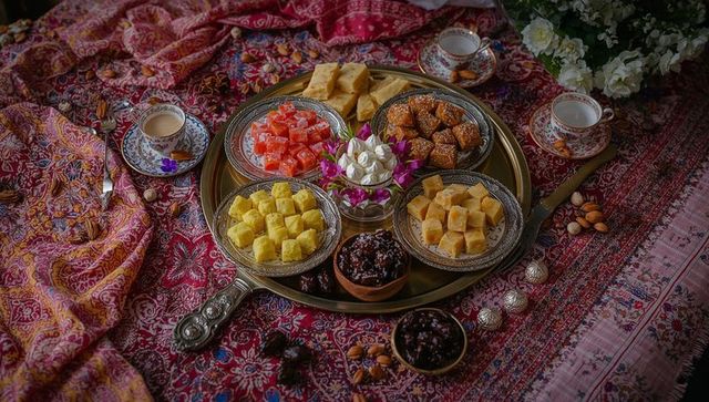 Brass tray presenting assorted middle eastern sweets on vibrant patterned textile with tea cups