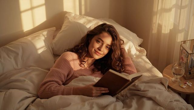 Woman reading in sunlit bedroom, reclining on bed with book for cozy morning relaxation
