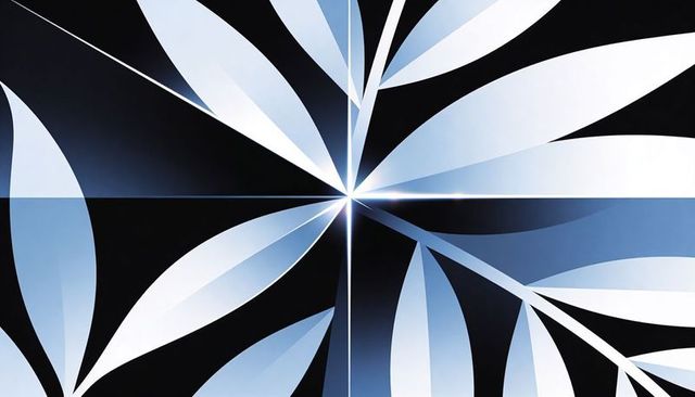 Radial glossy petal motif with central starburst, crosshair lines and duotone gradient