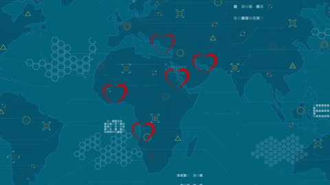 Global Love Connections with Heart Icons on Digital Map