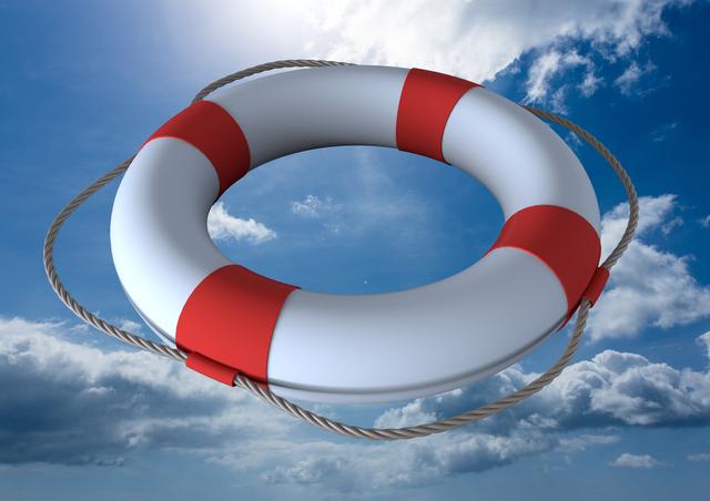 Lifebuoy floating in the sky with a background of blue sky and clouds, ideal for illustrating safety or rescue themes. Perfect for use in maritime safety campaigns, emergency preparedness materials, and lifeguarding training guides.