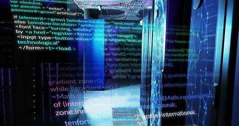 Futuristic Digital Code Overlay in High-Tech Data Center