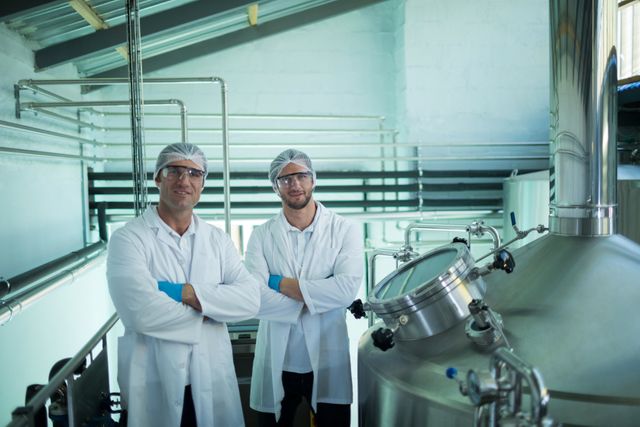 Portrait of scientists with arms crossed standing by storage tank in factory