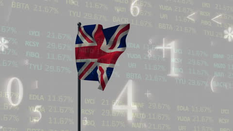 UK Flag Waving Against Stock Market Data Visuals