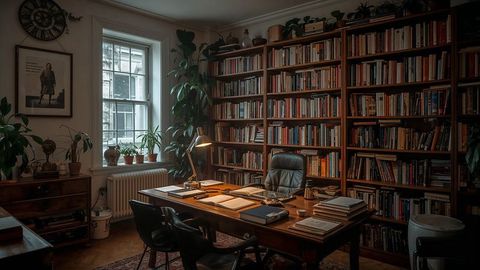 Cozy home study with wooden desk and bookshelf