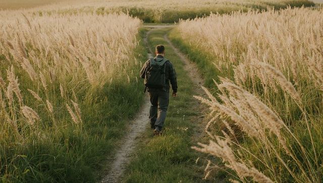 Walking male hiker carrying backpack along sunlit narrow trail through golden meadow