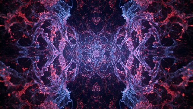 Pulsing neon mandala swirling fractal particles in cosmic digital space with luminous symmetry